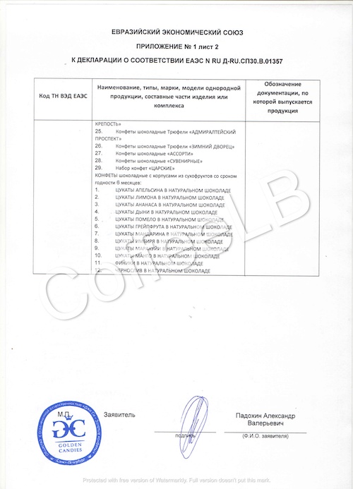Приложение 2 к сертификату ЕАС на цукаты Манго